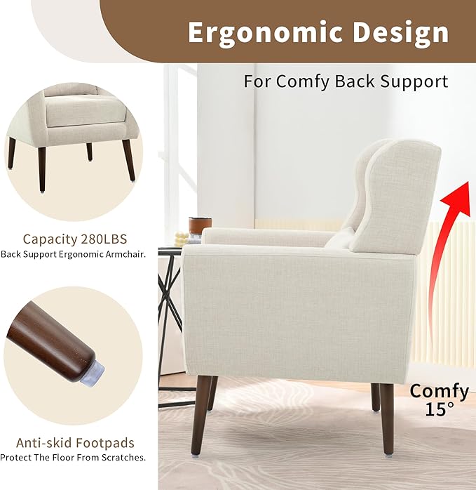 Modern Accent Chair, Upholstered Arm Chair with Waist Pillow, Single Sofa Chair for Living Room Bedroom Small Spaces (Beige)