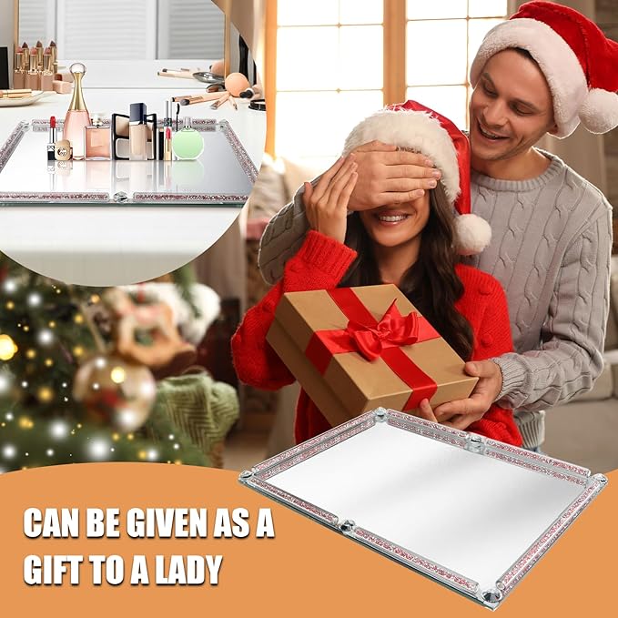 Large Mirror Perfume Tray for Dresser,Pink Crushed Diamond Filled Glass Vanity Tray,Decorative Bathroom Tray,Crystal Tray for Home Decorative,Party,Hotel Banquet,15.7x11.8x1.4inch,Pink