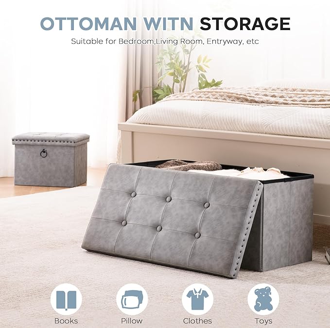 Storage Ottoman Cube 16in, Small Faux Leather Tuffed Foot Rest Stool with Rivet Design, Foldable Ottomans Footstool, Box Chest for Bedroom, Entryway, 16x12x12inches Grey, Load 242 lb, Grey