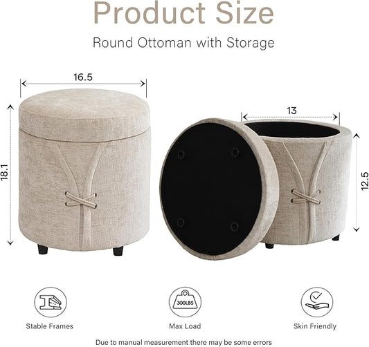 16.5 inch Tufted Small Round Storage Ottoman, Modern Upholstered Ottoman with Soft Padded Seat, Chic Round Vanity Foot Stool with Removable Lid,Light Brown