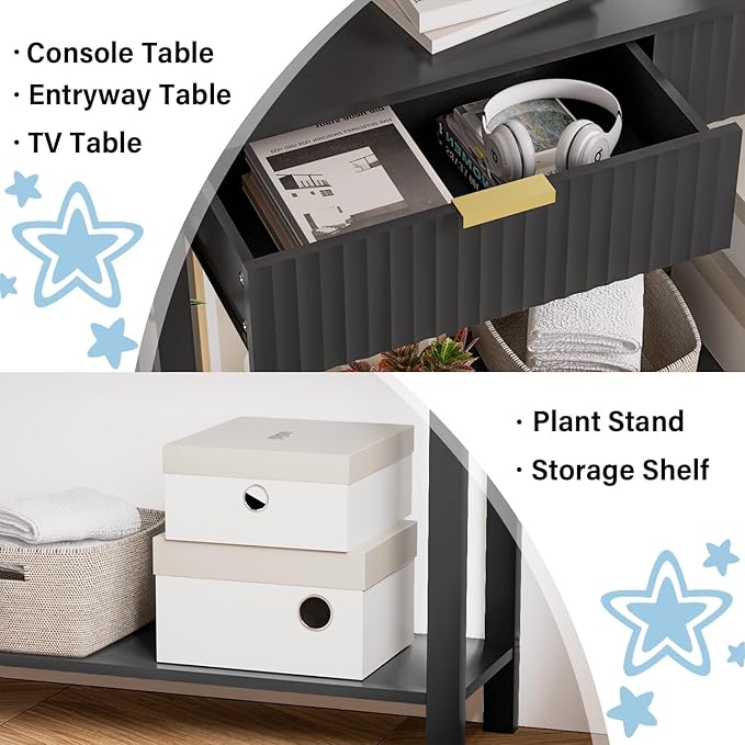 Black Entryway Console Table with 2 Fluted Drawers and Gold Handles, 47.2" Modern Sofa Table with Storage Shelf for Living Room and Hallway