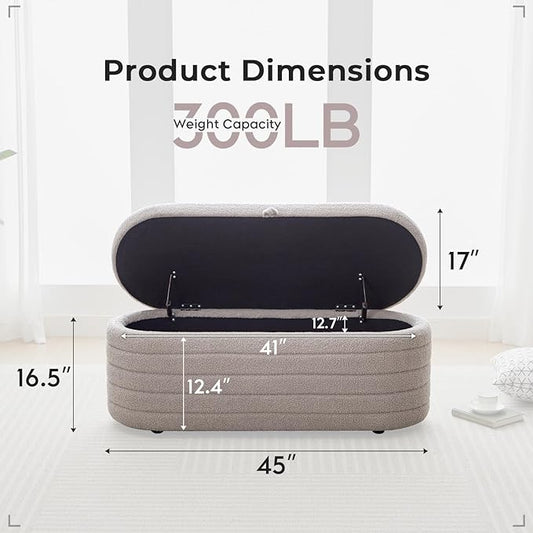 Storage Ottoman Bench End of Bed for Bedroom,45 inch Boucle Upholstered Entryway Shoe Seat Bench w/ Storage,Sherpa Modern Cute Padded Blanket Chest Stool Foot Rest for Living Room,Window Seating, Grey