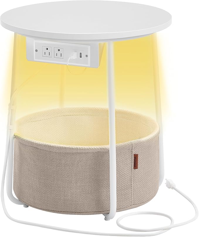 VASAGLE LILEA Collection - Side Table with Charging Station, Round End Table with Fabric Basket, LED Nightstand with USB Ports, Modern, for Living Room, Matte White and Camel Brown ULET227W01