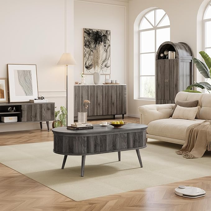 Mid Century Oval Coffee Table, Fluted Center Table with Lift Top, Modern Dining Table with Storage for Living Room Home Office, 39.4", Gray