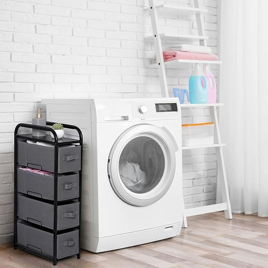 MAX Houser 4 Drawer Narrow Dresser Fabric Storage Tower Vertical Slim Storage Chest Organizer Nightstand Side/End Table Small Standing Organizer Removable Drawers Wood Top for Bedroom, Bathroom(Grey