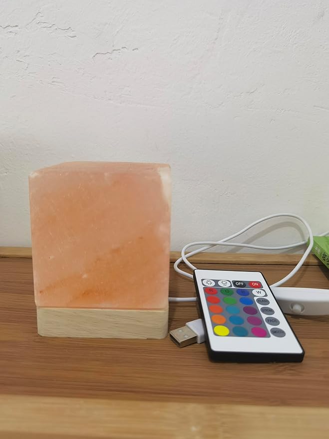 USB Colour Gradient Himalayan Salt lamp, Solid Wood Base Atmosphere Decoration Square Salt lamp with Remote Control, Natural Crystal Stone Bedside Night Light, Handmade Crafts.