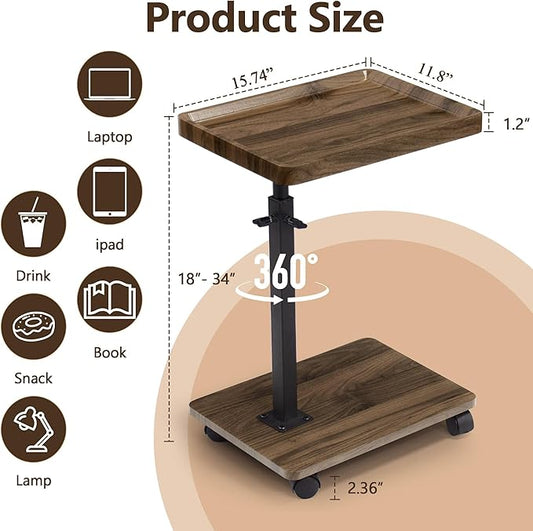 Aoligrace C Table End Table Adjustable Height, 360° Swivel Side Table with Wheels, Small TV Tray Table for Living Room Bedroom, Couch Tables That Slide Under for Sofa Bed Chair