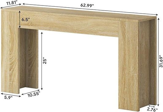 63-Inch Long Console Table with LED Light, Farmhouse Sofa Table Behind Couch, Wooden Console Table for Entryway Hallway Entrance Living Room, Nature