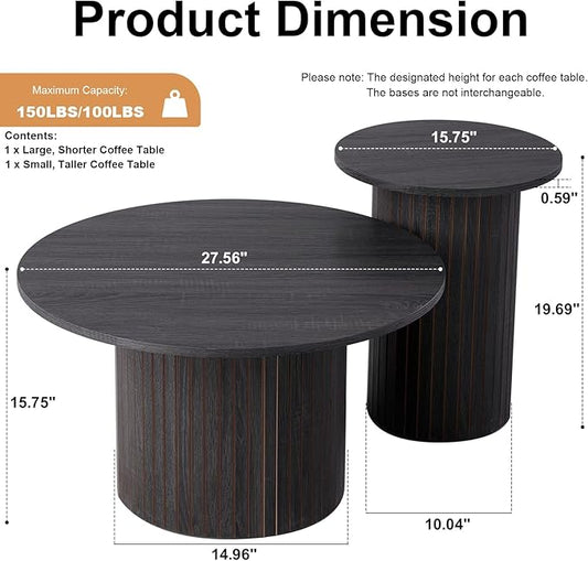Round Nesting Coffee Tables Set of 2 -φ27.6 Large Short + φ15.8 Small Tall Boho Circle Side Tables with Fluted Drum Design, Black