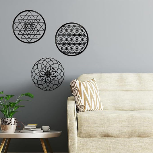 3 Pcs Metal Abstract Wall Decor, Minimalist Lines Wall Hanging Art Painting, Modern Geometric Black Wall Sculpture Suitable for Home Office, Hotel Living Room, Bedroom and other Home Decoration(Circle)