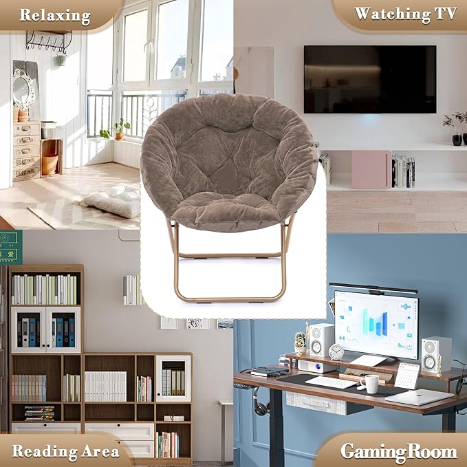 Athena Collection Comfy Saucer Chair Folding Cozy Chair for Bed Room Living Room Accent Chair Faux Fur Reading Chair Foldable Metal Frame Lazy Chair Moon Chair for Adult, Brown