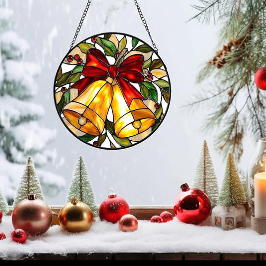 Christmas Stained Glass Window Hanging Sun Catcher, Christmas Bell Suncatcher with Red Bow for Window Ornament, Festive Wall Art Decor Gift for Women, Men (Golden Bell, 6.3'')