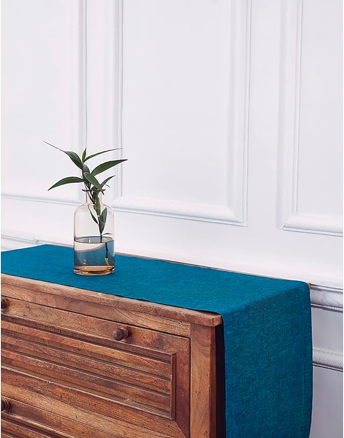 Solino Home Linen Table Runner 36 Inches - 100% Pure Linen Chambray Teal Table Runner 14 x 36 Inch Ideal for Dresser and Coffee Tables - Athena - Christmas, Thanksgiving