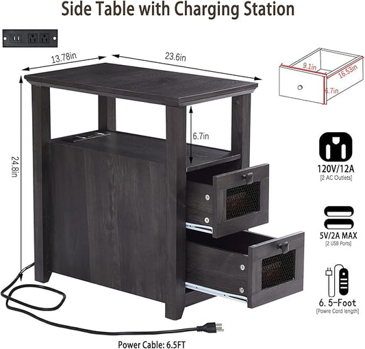 Farmhouse XXL End Table with Charging Station, Narrow Side Table with USB Ports and Outlets, Nightstand with 2 Drawers Storage, Grey Bedside Tables for Living Room, Bedroom