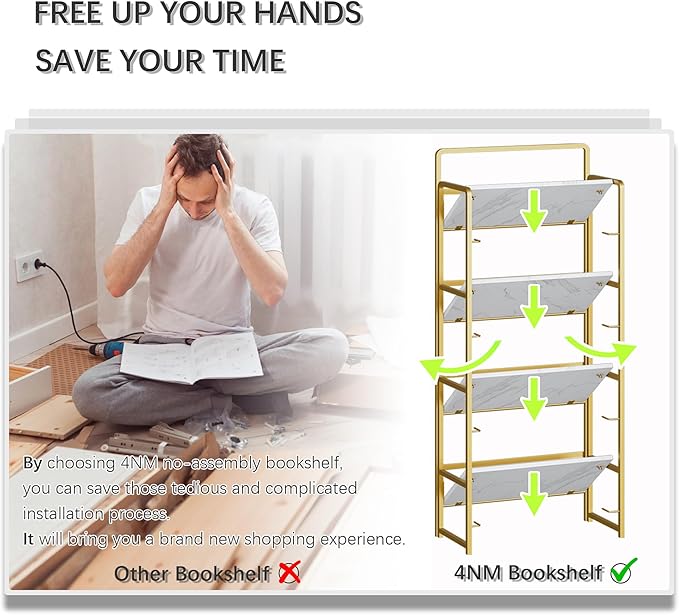 4NM No Assembly Folding Bookshelf, 4-Shelf 54" H Collapsible Foldable Bookcase Storage for Small Spaces, White and Golden