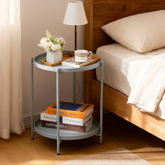 HollyHOME 2-Tier Round Side Table, Outdoor Small Folding Accent Stand with Removable Tray, Anti-Rust Metal Asional Table for Balcony Patio Living Room, Nightstand for Bedroom(Grey)