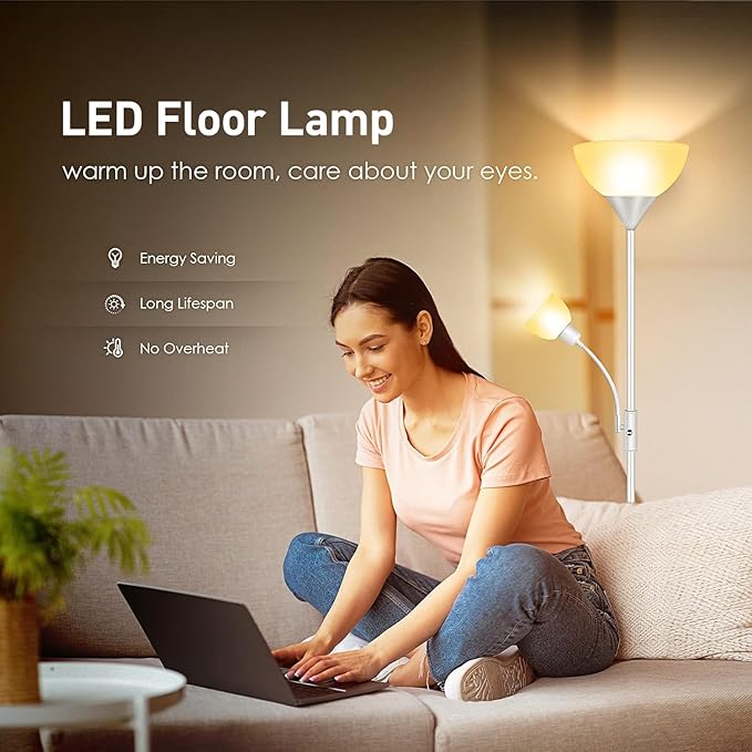 Floor Lamps for Living Room White, Standing Lamp, Torchiere Floor Lamps with Adjustable Reading Light, 71" Tall Pole Lamps, 3 Way Switch, Torch Corner Floor Lamp for Bedroom/Office(E26 Base, No Bulb)