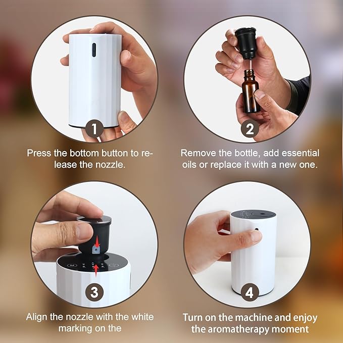 Waterless Essential Oil Diffuser Aromatherapy Scent Diffusers for Home Large Room, Bedroom, Car, Office, Desk, Battery Operated Mini Portable Air Freshener (White-2)