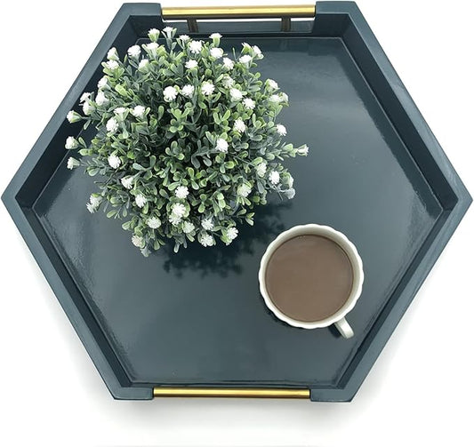 Serving Tray with Polished Metal Handles, Hexagon Coffee Table Tray, Modern Rectangle Decorative Tray, Large Ottoman Tray, Perfect for Storage and Display (Teal Hexagon)
