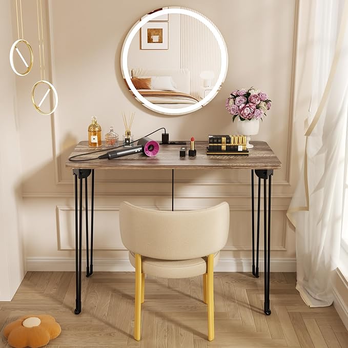 Folding Desk, 31.5" Hairpin Legs Small Desk with Power Strip for Bedroom, Space Saving Foldable Computer Desk for Home Office, No Assembly Need,Light Brown