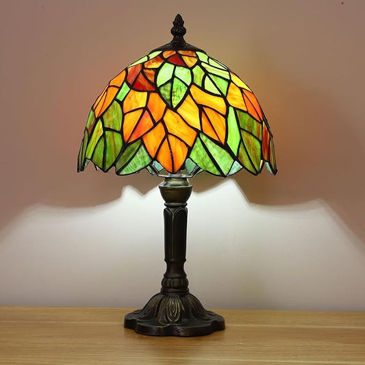 Tiffany Lamp Maple Leafs Stained Glass Bedside Nightstand Table Lamp,3-Way Color Temperature,Handcrafted Small Lamps for Living Room,Bedroom+LED Bulb,Home Decor Gifts,9X9X15Inch