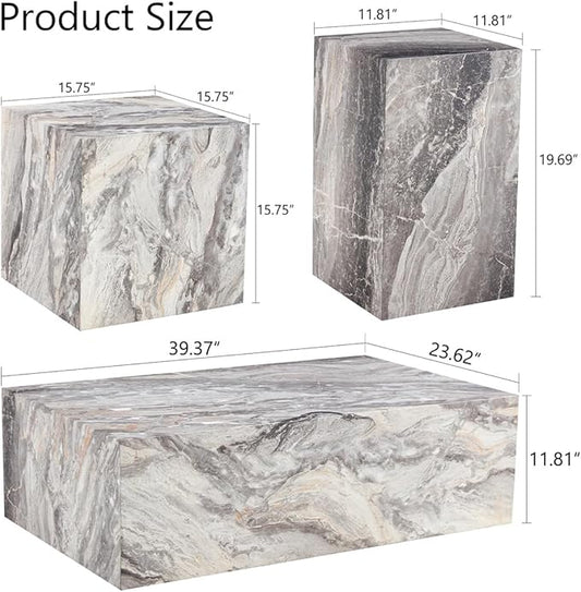 Coffee Table Set for 3, Living Room Table Set, Faux Marble Coffee Table and Side Tables for Home, Modern Wood Coffee Tables, Center Table and End Sides