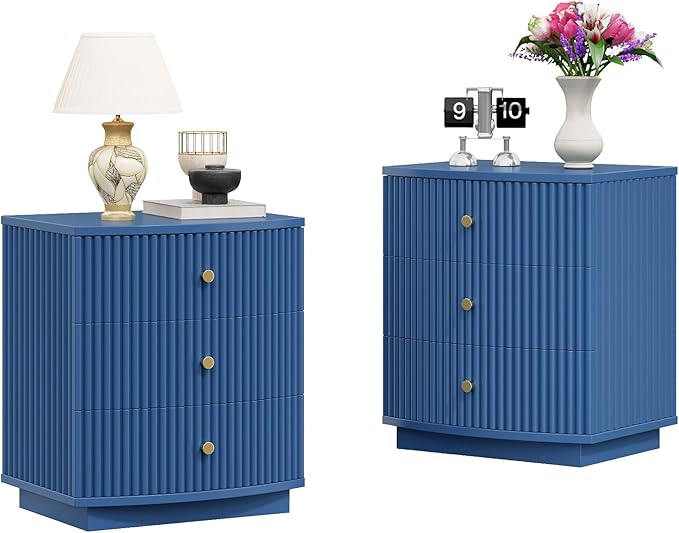 Grooved Wood End Table with 3 Drawers, Curved Edge Storage Side Table, Three Drawer Nightstand Compact Sofa Bedside Table for Bedroom, Living Room and Small Spaces, Blue