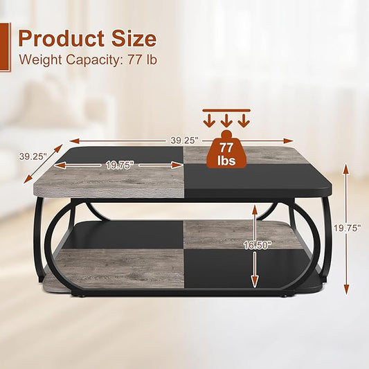 2-Tier Coffee Table with Storage Shelf, 39" Small Square Coffee Table Modern Wooden and Metal Accent Center Sofa Side Tables for Living Room, Gray & Black