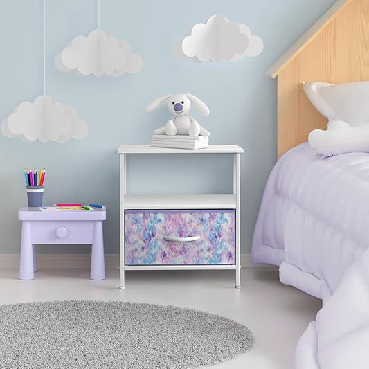 Sorbus 1 Drawer Shelf Storage Nightstand - Kids Bedside Furniture End Table Night Stand with Steel Frame Wood Top & Easy Pull Fabric Bins. Dresser & Chest for Home Bedroom Accessories Office & College
