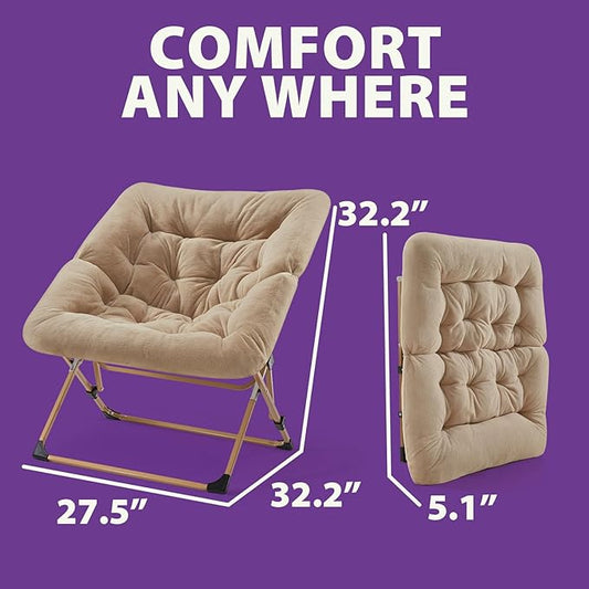 OAKHAM Comfy Chair for Adults, Soft Faux Fur Folding Lounge for Bedroom Living Room Dorm Rooms Flexible Reading Chair for Teens Kids, X-Large Foldable (Faux Fur-Beige)