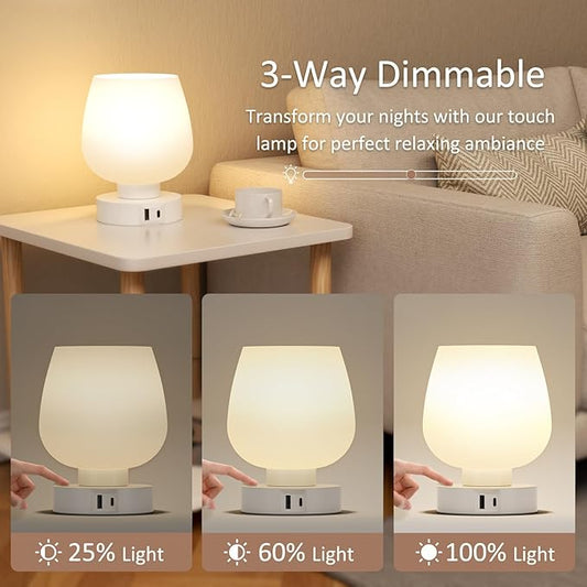 Touch Table Lamp for Nightstand - Bedside Lamp with USB C+A Charging Ports for Bedroom Living Room Night Stands, Desk Lamp with White Glass Shade for Small Spaces, 3 Way Dimmable, LED Bulbs, Gifts