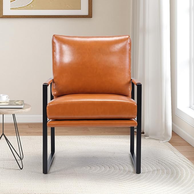 INZOY Mid Century Modern Accent Chair with Removable Cushions Set of 2, Comfy PU Leather Living Room Chairs with Thicker Backrest and Cushion, Metal Frame Design, Brown