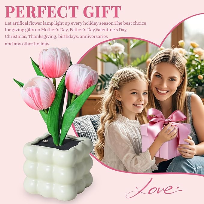 Tulip Table Lamp, Touch Stepless Dimming Night Light, USB Rechargeable Small Desk Lamp, LED Tulip Artificial Flower Lamp Aesthetic for Bedroom Home Living Room Decor (Pink Tulip - USB)