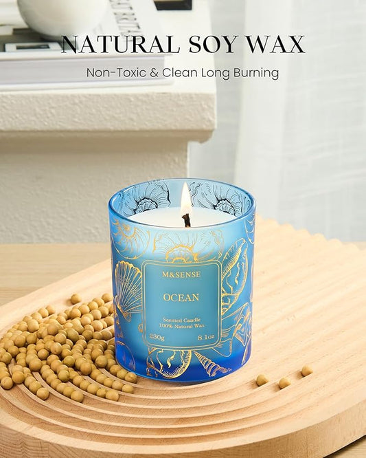 M&SENSE Ocean Scented Candles,Vegan Soy Candles,8.1oz 42-Hour Slow Burning Time,No Toxin Subtle Scented Home Fragrance for Summer Bathtub Aromatherapy Calming,Gifts for Women & Men
