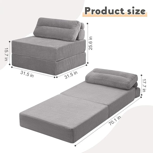 MeMoreCool Folding Sofa Bed Single Grey – Convertible Sleeper Chair with Back Support | Foldable Floor Lounge Mattress Chair with Headrest & Lumbar Pillow, Ideal for Living Room, Bedroom Guest Space