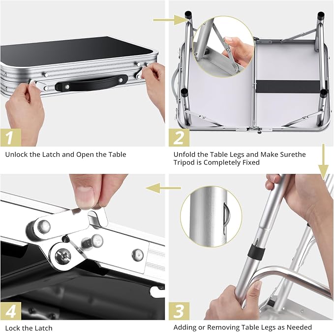 Anbte 2ft Camping Table Foldable, 3 Adjustable Heights 26.3" Aluminum Small Folding Table with Storage Net, Lightweight, Portable Handle for Travel Outdoor Beach Picnic, 23.2" x 16", Black