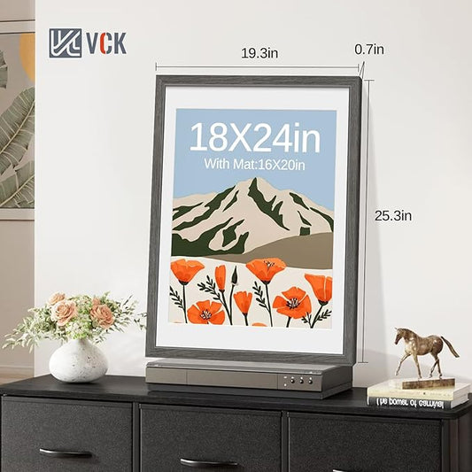 VCK 18x24 Poster Frame 2 Pack - Grey, High-End Wood Picture Frames with Polished Plexiglass, Display 16x20 Photo with Mat or 18x24 without Mat, Art Gallery-Quality, Wall Hanging, Grey