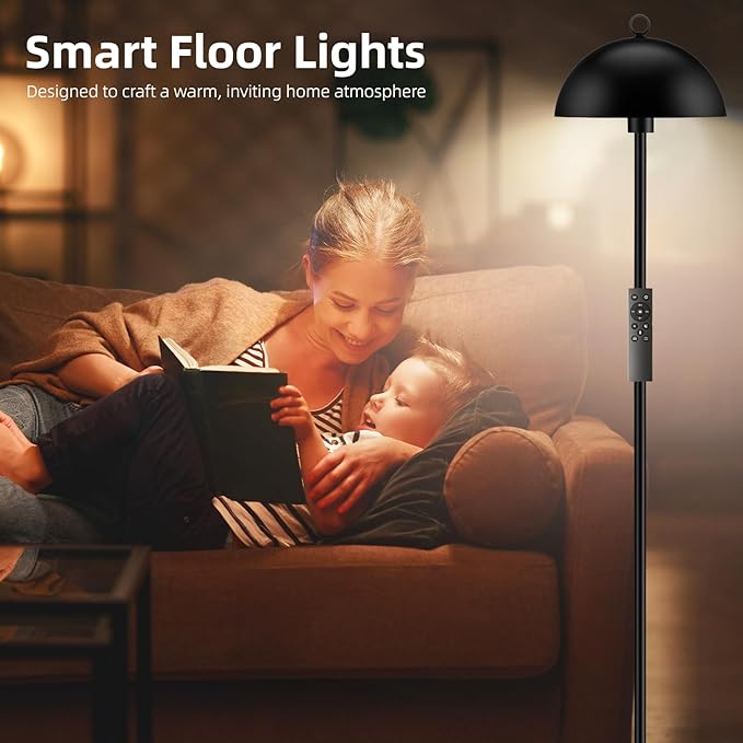 Floor Lamp, Industrial Floor Lamps for Living Room, Smart Standing Lamps with Remote Control, Stepless Dimmable Colors Temperature & Brightness, Metal Floor Lamp for Bedroom, Office, Reading