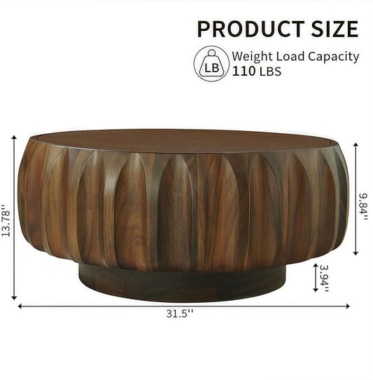 31.5" Walnut Round Solid Wood Carved Coffee Table with Elegant Sculptural Design, Modern Side Table for Living Room, Bedroom, Office