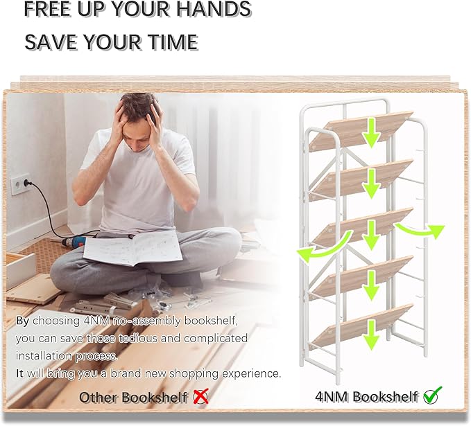 4NM No Assembly Folding Bookshelf, 5 Tiers Collapsible Book Shelves Open Industrial Foldable Storage Bookcase Shelf for Bedroom, Living Room, Home Office - Natural and White