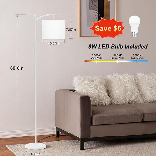 60" Floor Lamps for Living Room & 3 Color Temperatures Bulb, White Lampshade & Foot Switch Included, Easy to Install, 9W Bulb Included(White Shade & White Pole)