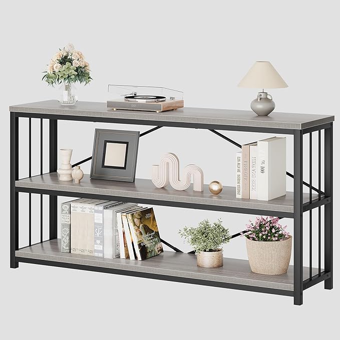 LVB Long Console Table with Storage, Farmhouse Rustic Skinny Entryway Table, Modern Wood Metal Hallway Sofa Table with Shelf, Industrial Narrow Couch Entry Table for Foyer Living Room, Light Grey, 63