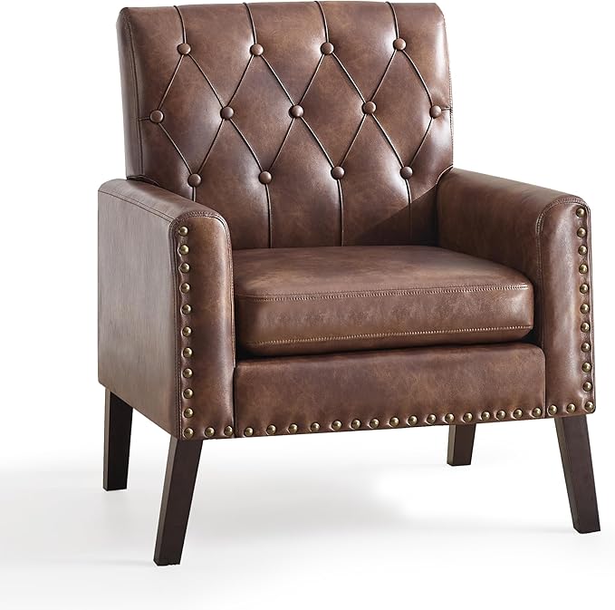 Mid Century Modern Accent Chair, Dark Brown Faux Leather Office Chair for Reception - Brown Leather Club Chair for Living Room, Bedroom, or Waiting Room