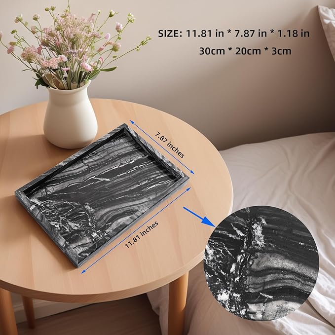 Yew & Tulip Natural Marble Vanity Tray, Nature Dark Woodgrain Marble Serving Tray for Bathroom, Kitchen, Vanity, Home Decor, Wedding etc. (12"x 8" x 1.2")