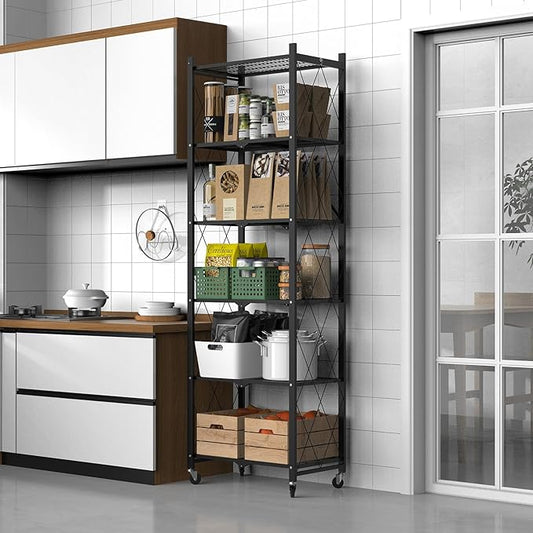 72" H 6 Tier Foldable Storage Shelf with Wheels, Folding Shelving Loads 600 LBS, Metal Steel Garage Shelves, Rolling Standing Utility Rack for Kitchen, Pantry, Office, Black