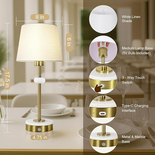 Gold Rechargeable Lamp, Table Lamps Set of 2, Cordless Lamp with Linen Shade, Marble Base, Touch Switch, 4400mAh Battery Operated Light for Desk Dinner Office Home Decor (Bulb Included)
