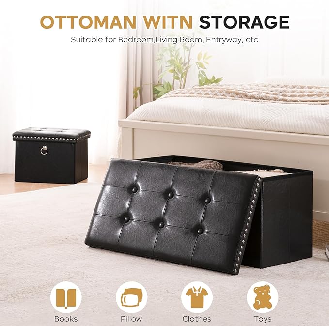 Storage Ottoman Foot Rest Stool, Foldable Leather Footstool Storage Bench with Rivet Design, Thicker Foam Padded Seat, Footrest Under Desk for Living Room Bedroom 242 lbs, 16x12x12 in, Black