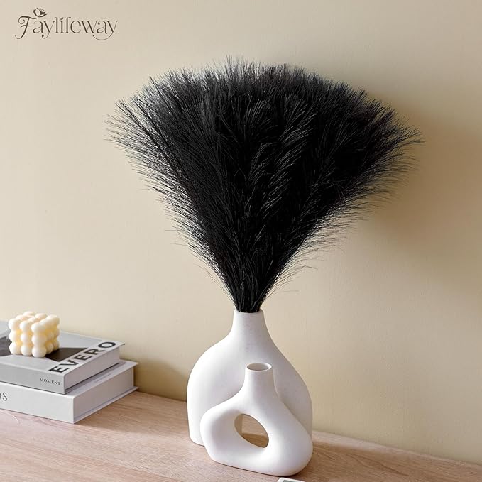 𝟱𝟬𝙥𝙘𝙨 Pampas Grass 𝟭𝟳in, Black Artificial Pampas Grass Faux Plants Floral Fluffy Feathers Vase Filler for Boho Home Wedding Party Decoration (𝗕𝗹𝗮𝗰𝗸)