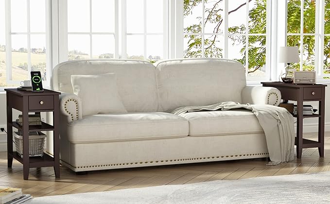 ChooChoo Narrow End Table with Charging Station, Side Table Living Room with USB Ports & Power Outlets and Hidden Drawer, 3-Tier Skinny Nightstand with 2 Open Storage Shelves For Small Place(Espresso)