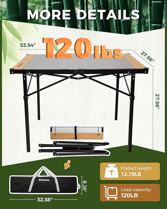 KingCamp Folding Camping Table, Aluminum Roll-Up Camp Table, Large Foldable Table for 2-4 Person, Outdoor Portable Tables with Carry Bag, 120 LBS Heavy Duty Load (Bamboo:40.16“x27.5”,2-4 People)